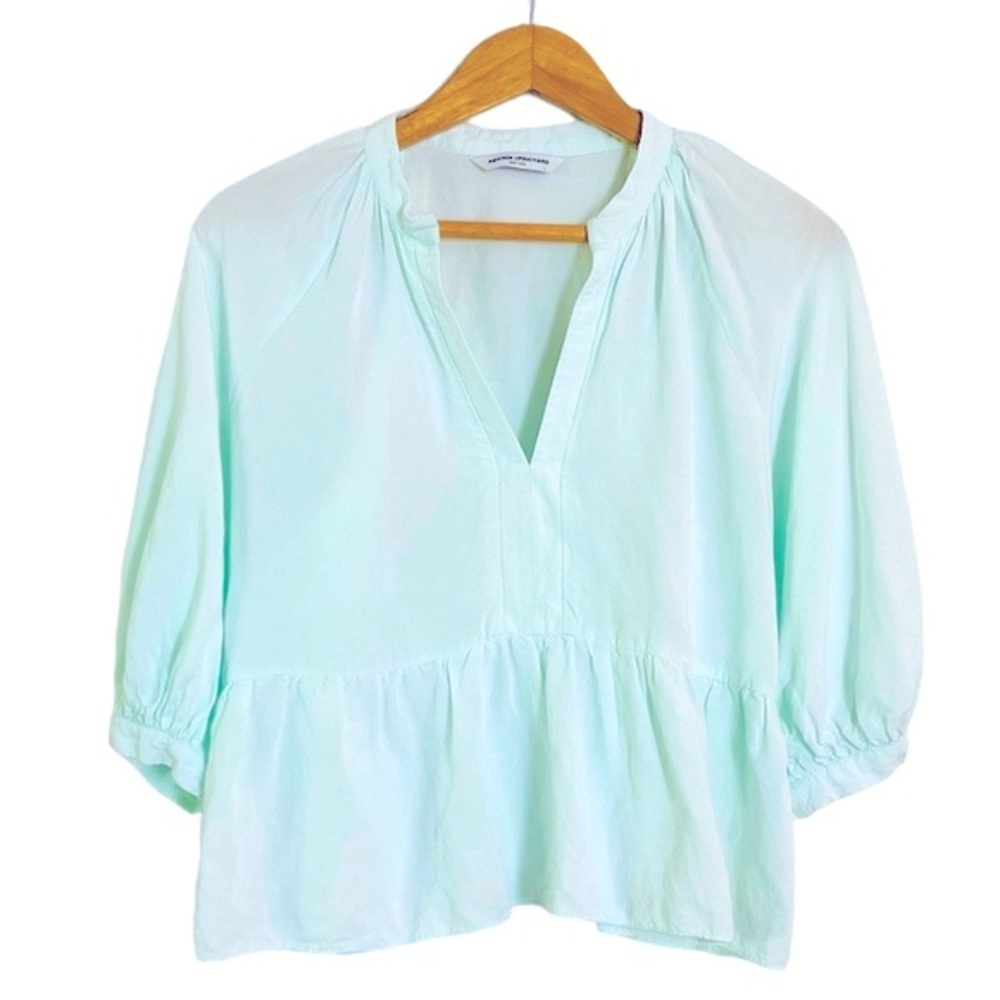 Amanda Uprichard Diego Top Puff Sleeve Mint Green Peplum Top Size L